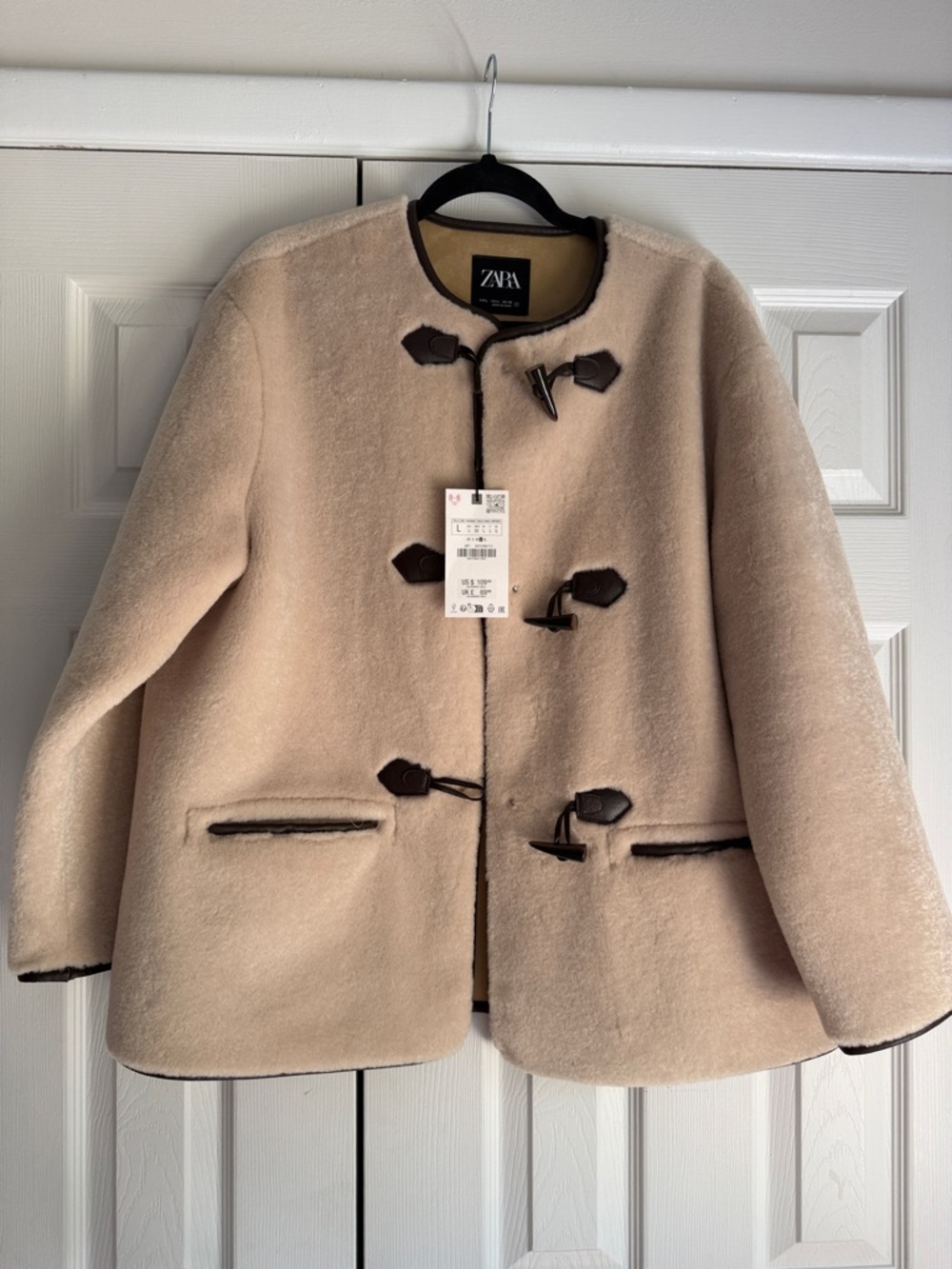 ZARA Beige Teddy Toggle Jacket with Dark Brown Trim
